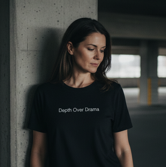Woman wearing a black t-shirt with 'Death Over Drama' text in an underground parking garage.