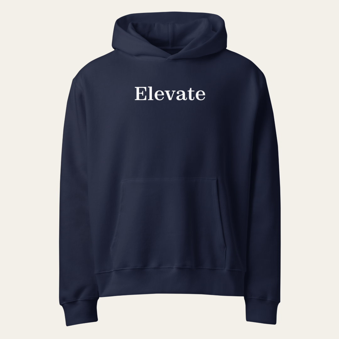 A navy blue pullover hoodie with the word 'Elevate' printed in white serif text across the chest, displayed on a clean, light off-white background.