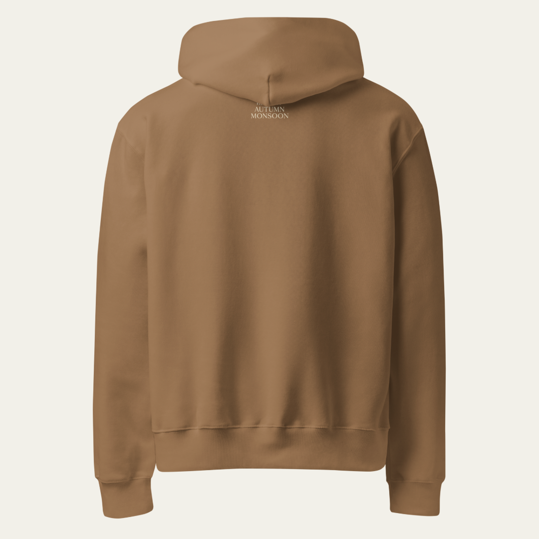 Brown hoodie with white wing design on the back against a white background