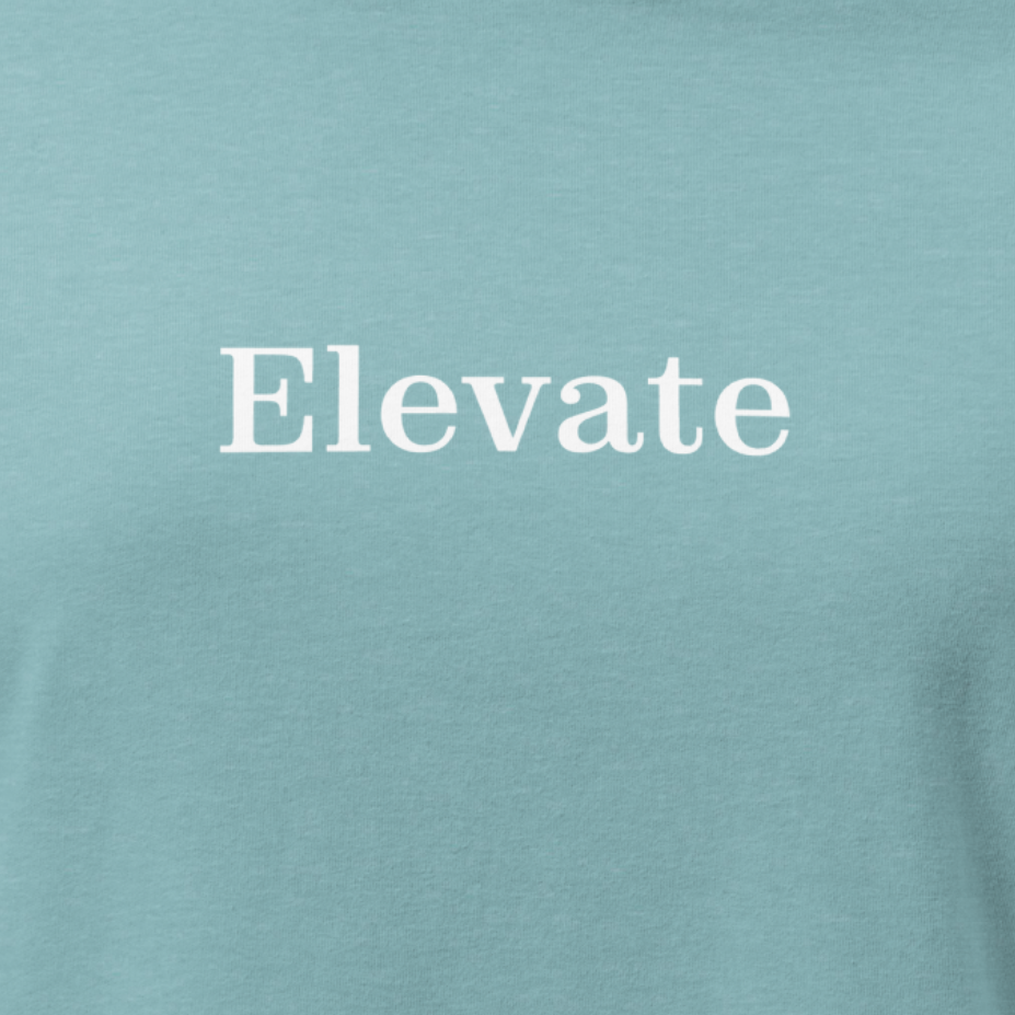 Teal t-shirt with 'Elevate' text in white on a solid background