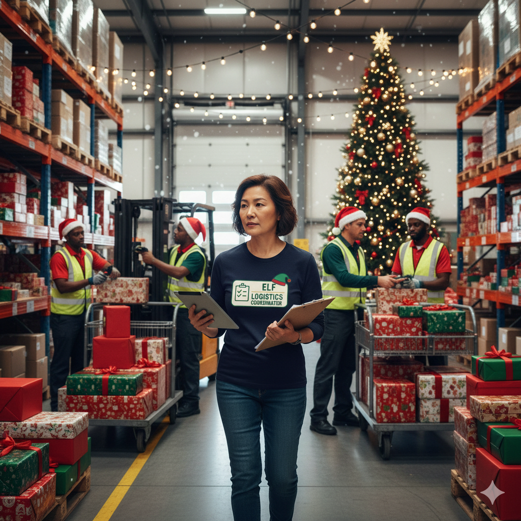 Warehouse workers with Christmas decorations and a large Christmas tree.