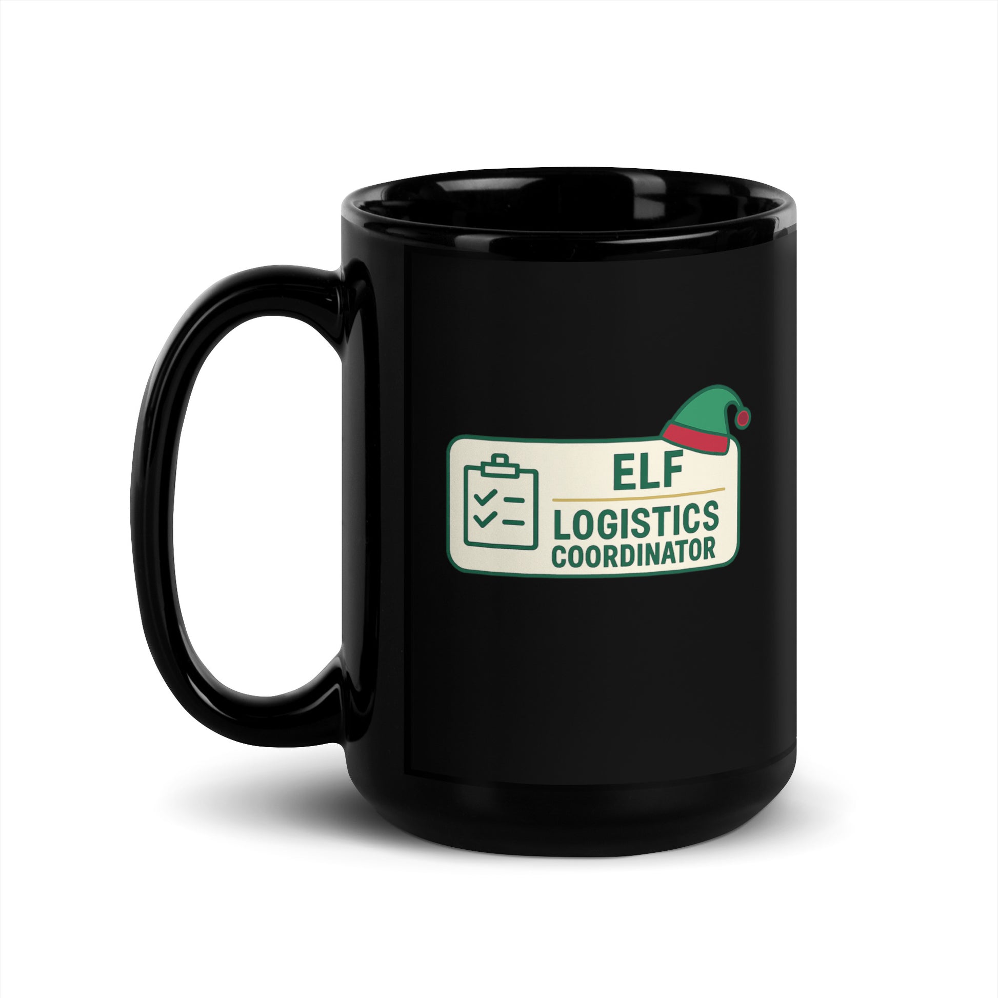 Black mug with 'Elf Logistics Coordinator' label on a white background