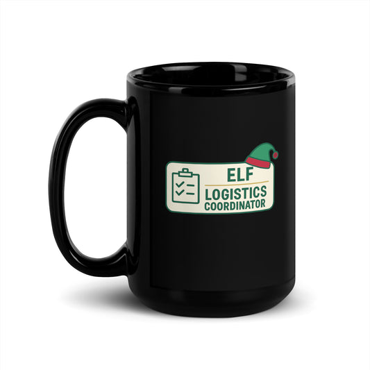 Black mug with 'Elf Logistics Coordinator' label on a white background