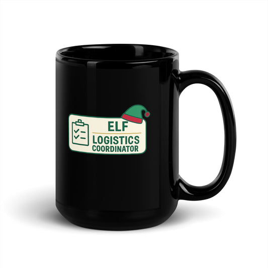 Black mug with 'Elf Logistics Coordinator' design on a white background