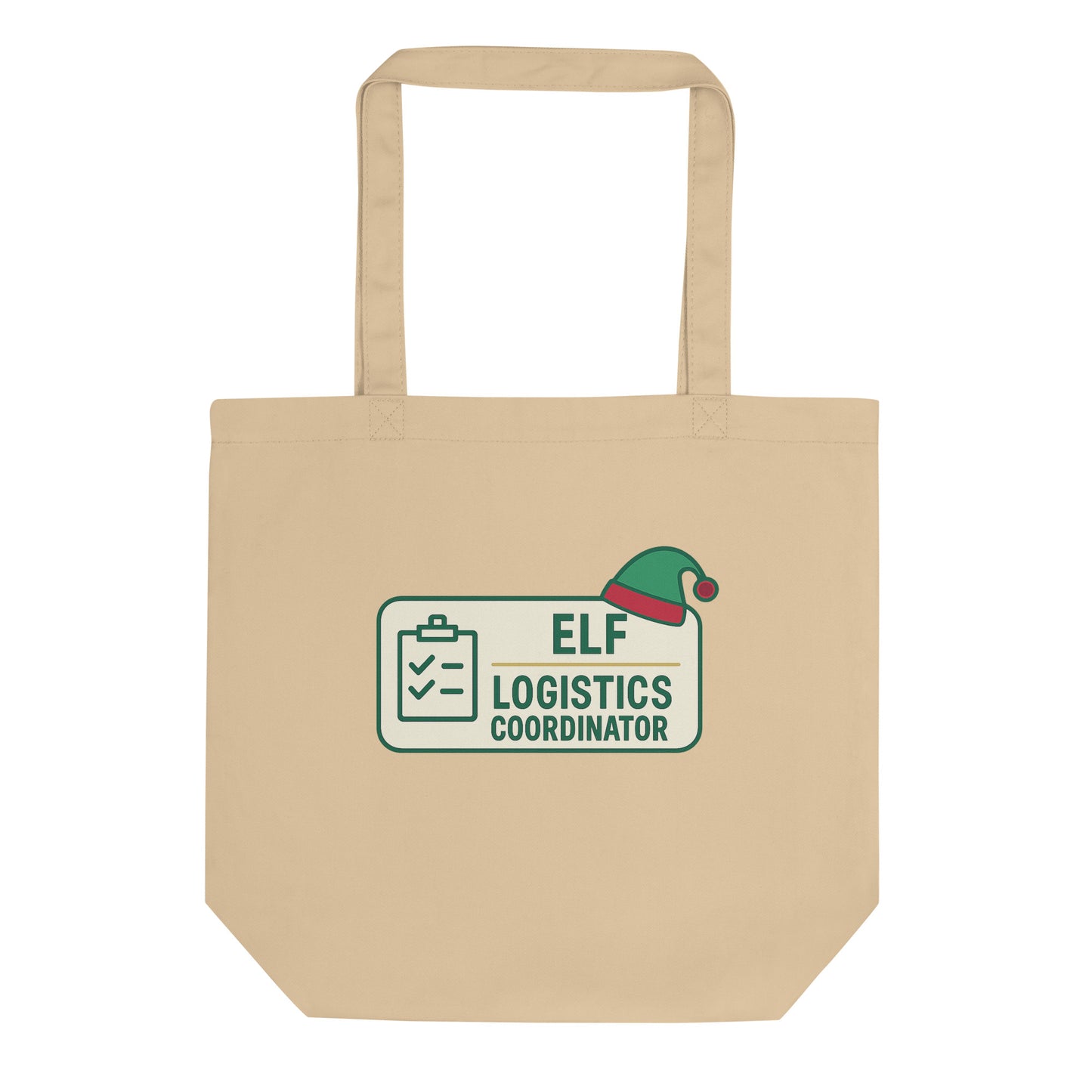 Beige tote bag with 'Elf Logistics Coordinator' design on a white background