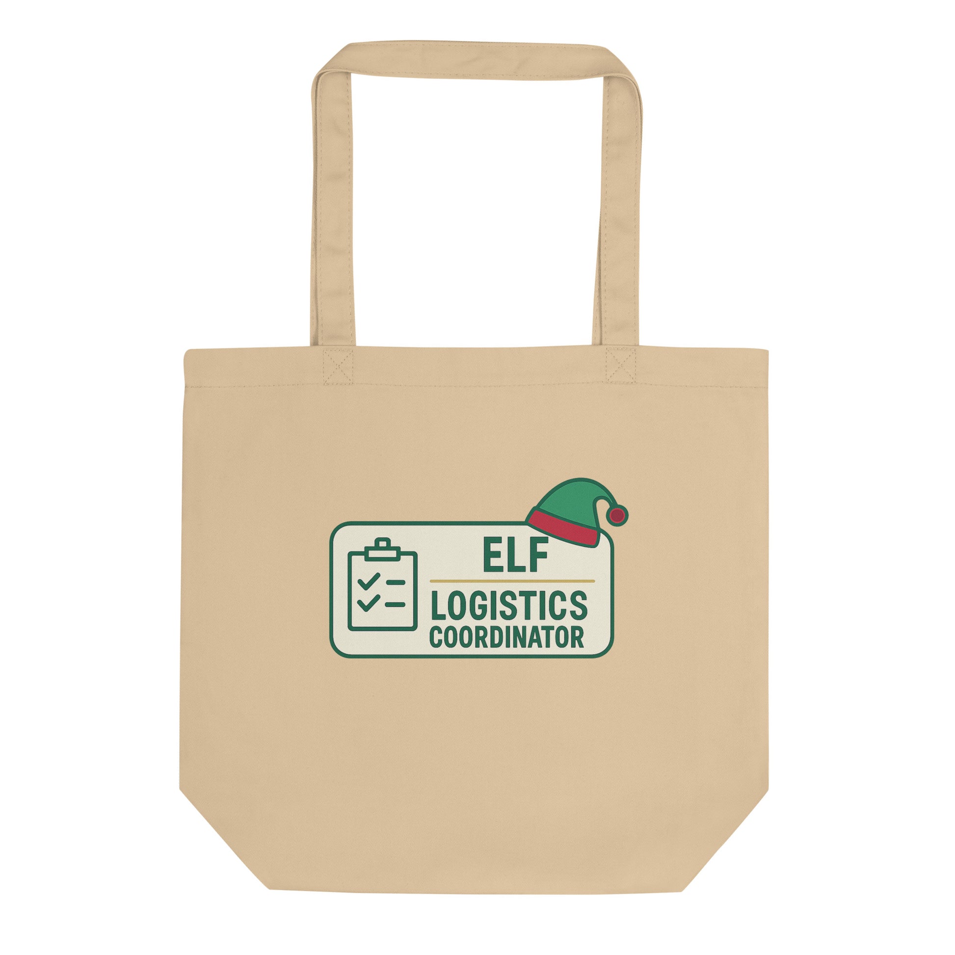 Beige tote bag with 'Elf Logistics Coordinator' design on a white background