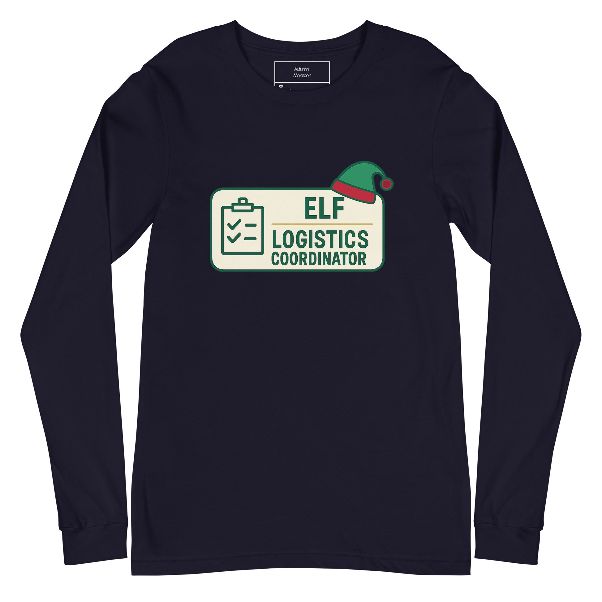 Navy  long-sleeve shirt with 'Elf Logistics Coordinator' graphic on a white background