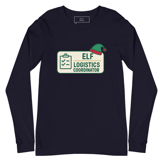 Navy  long-sleeve shirt with 'Elf Logistics Coordinator' graphic on a white background