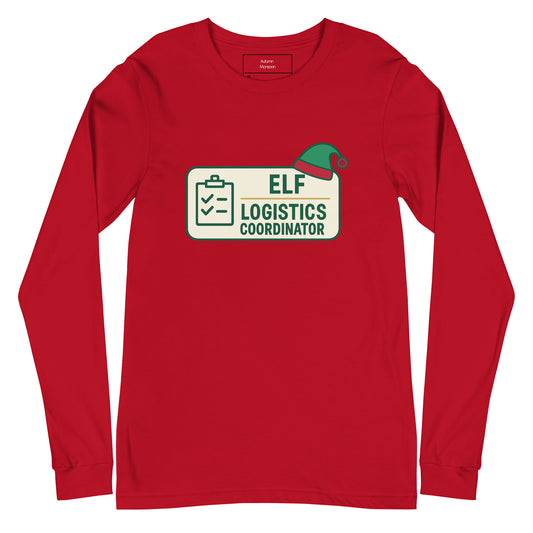 Red long-sleeve shirt with 'Elf Logistics Coordinator' graphic on a white background