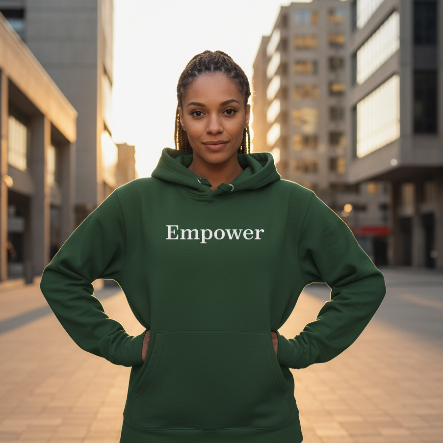 Person wearing a green hoodie with 'Empower' text in an urban setting
