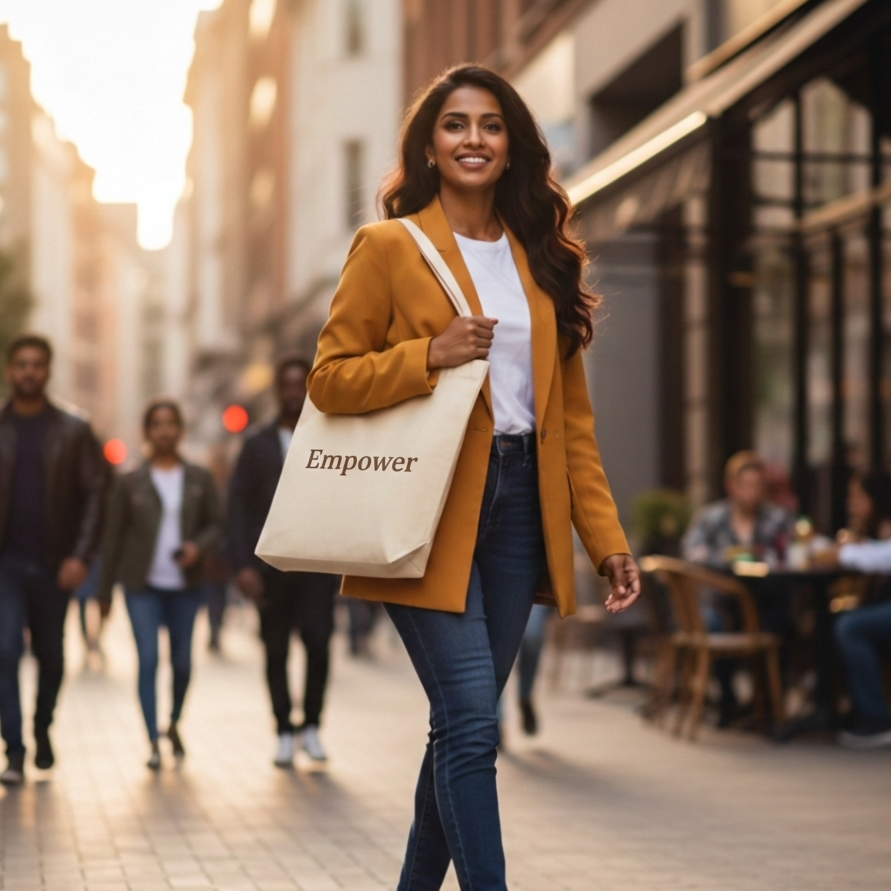 Woman walking on a city street holding a tote bag with 'Empower' text