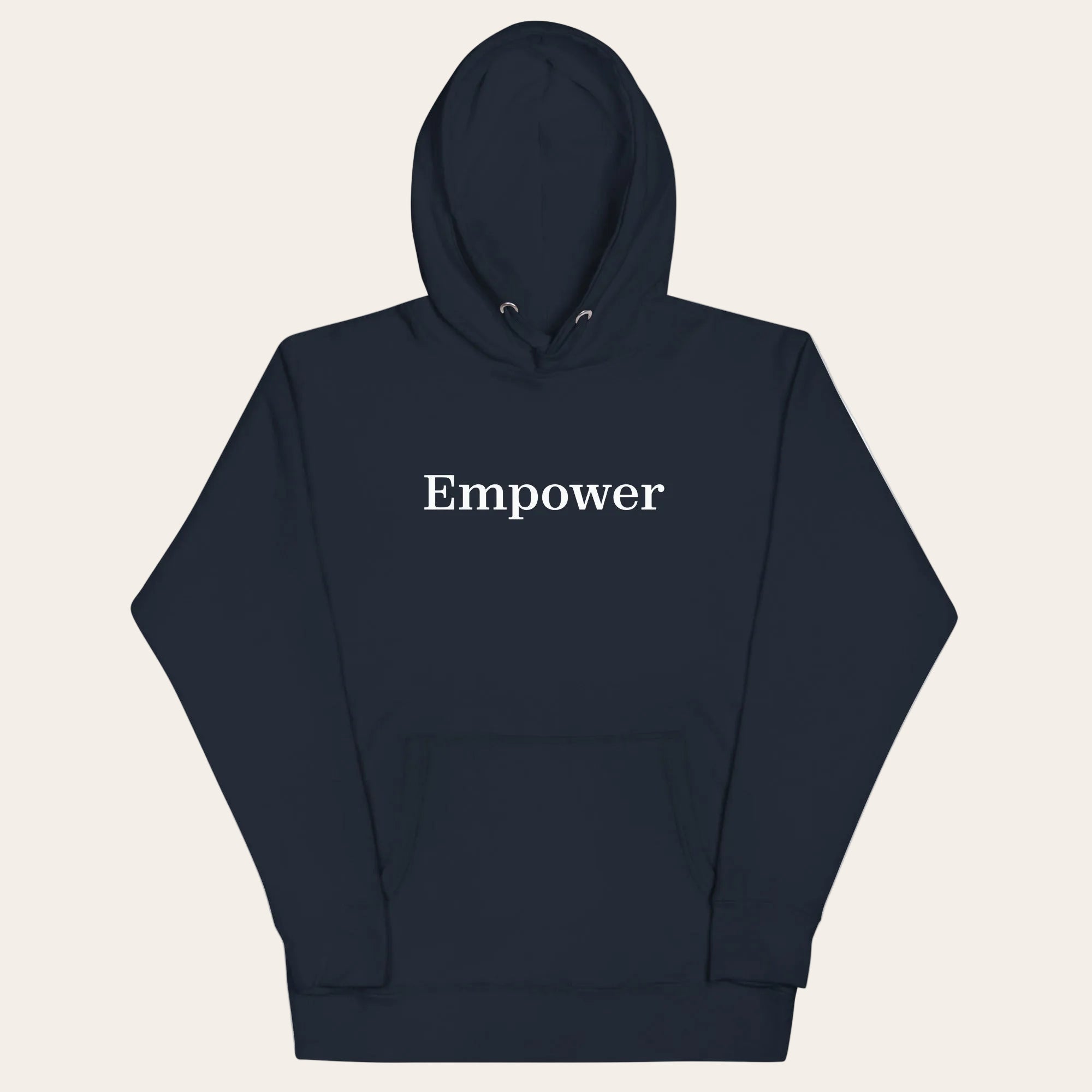 Navy blue hoodie with 'Empower' text on a white background