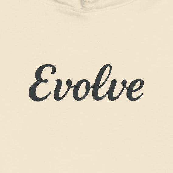 Beige hoodie with 'Evolve' text on a white background