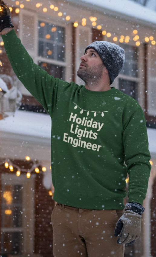 Person wearing a green sweater with 'Holiday Lights Engineer' text, standing in front of a house with string lights.