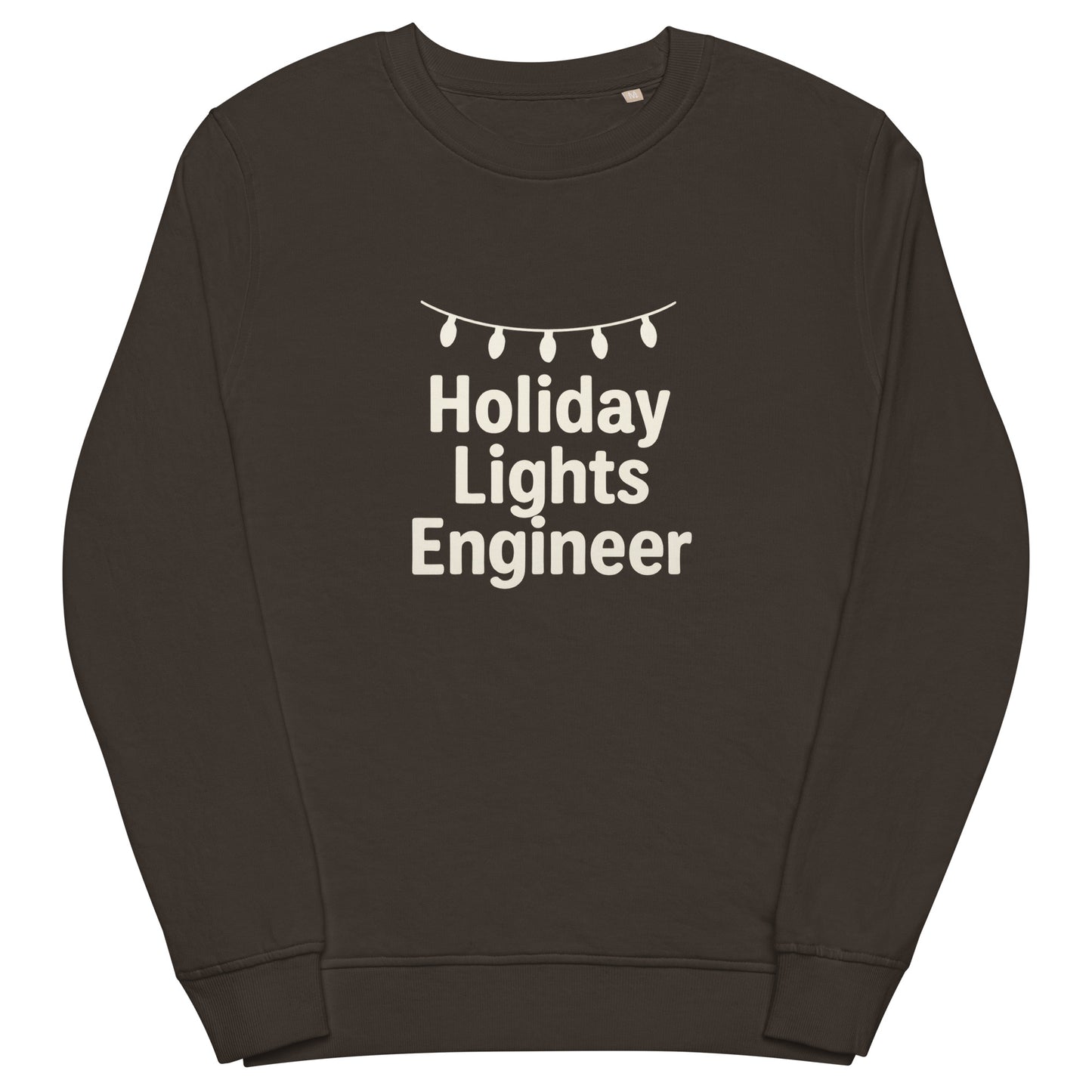 Deep grey sweatshirt with 'Holiday Lights Engineer' text and string of lights graphic on a white background