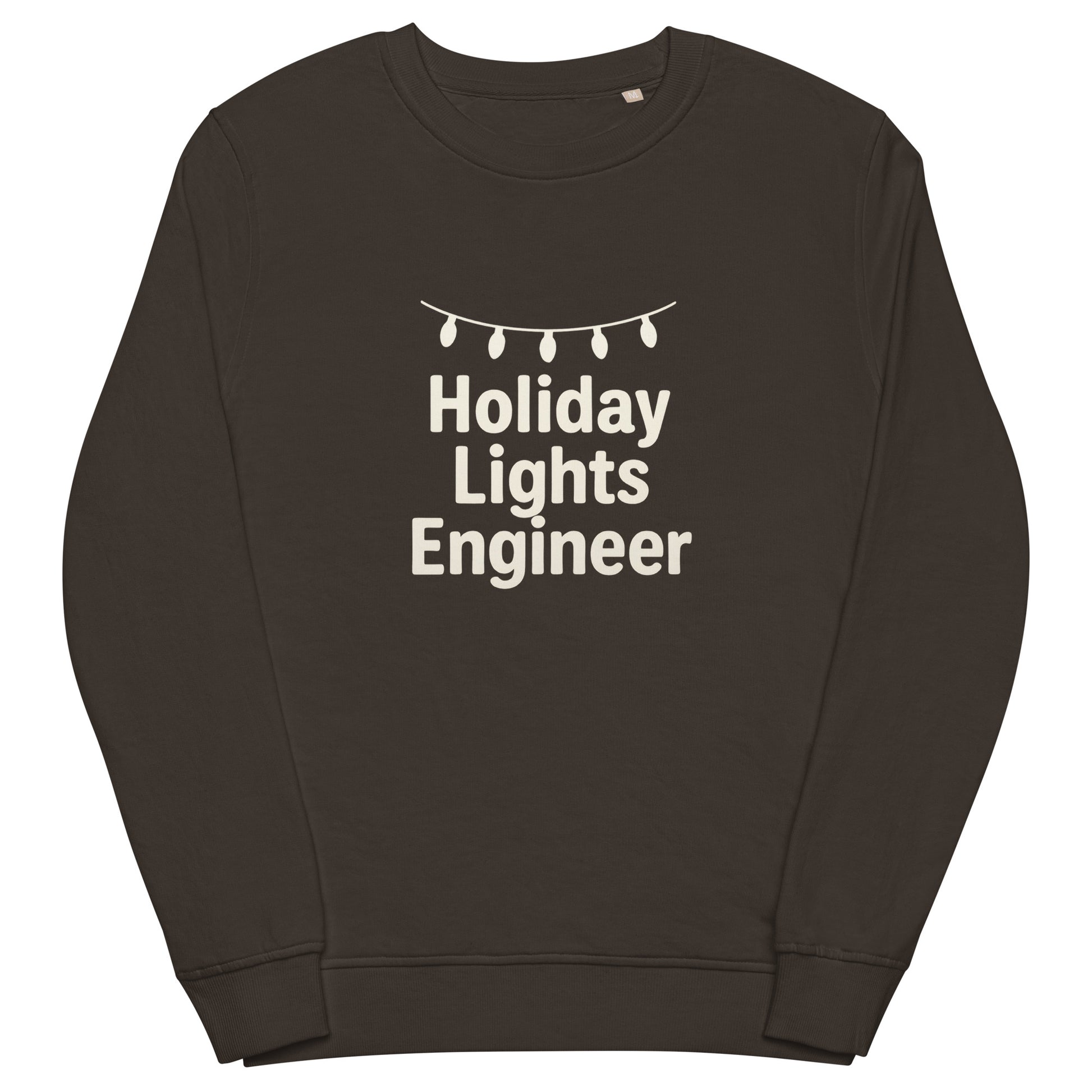 Deep grey sweatshirt with 'Holiday Lights Engineer' text and string of lights graphic on a white background