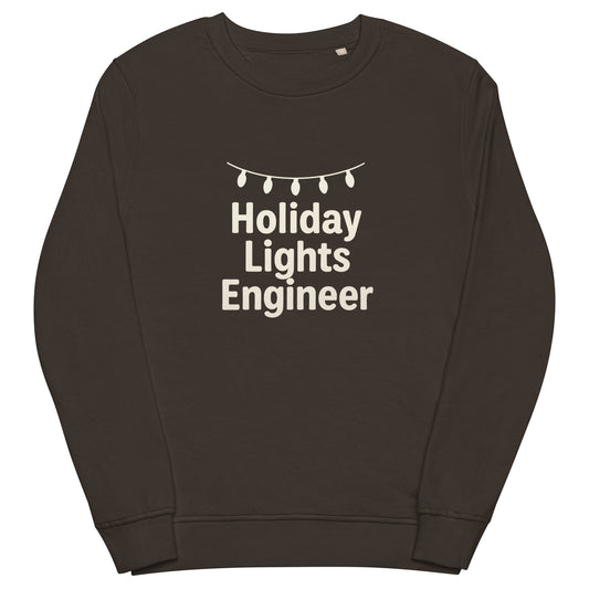 Deep grey sweatshirt with 'Holiday Lights Engineer' text and string of lights graphic on a white background
