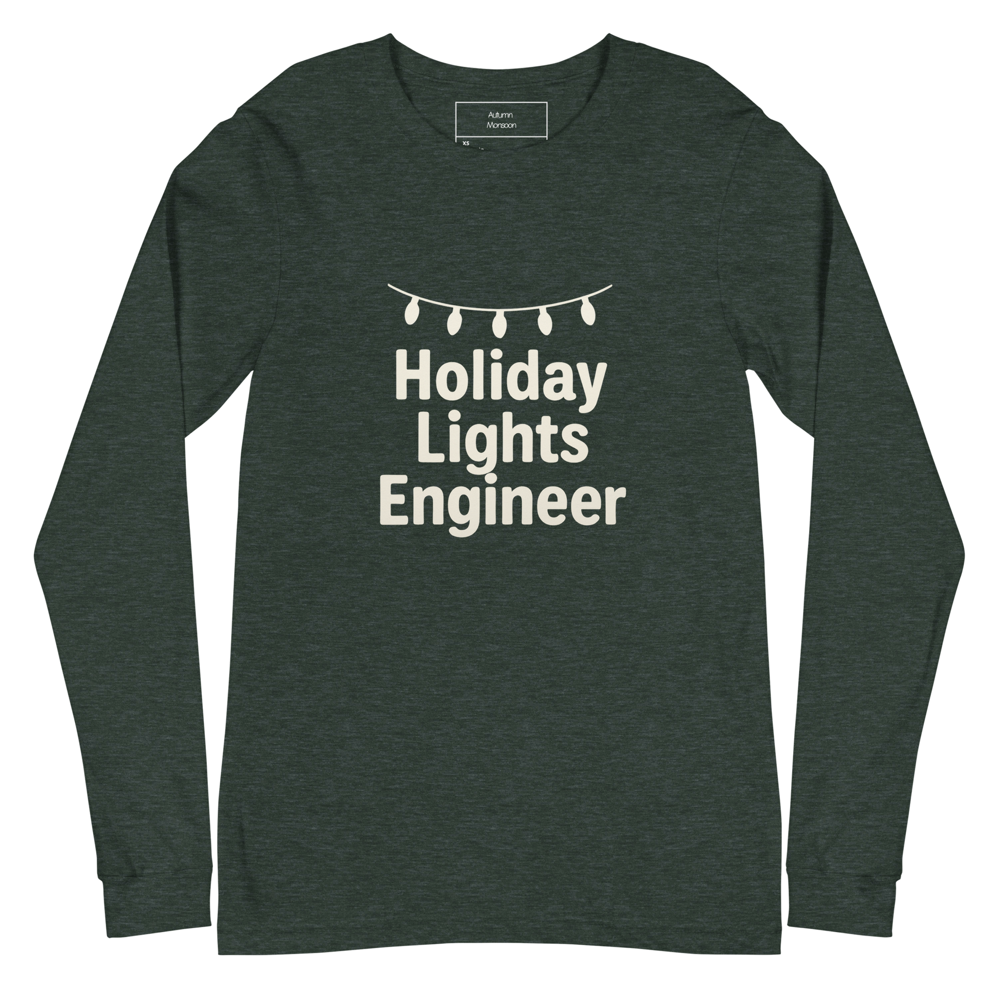 Green  long-sleeve shirt with 'Holiday Lights Engineer' text on a white background