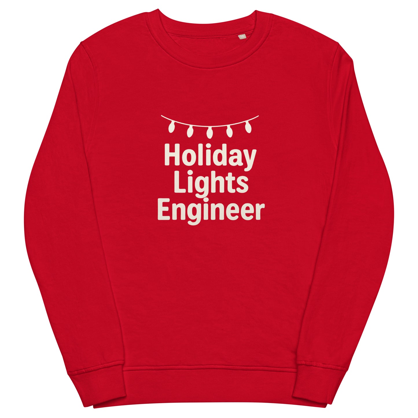 Red sweatshirt with 'Holiday Lights Engineer' text and string of lights graphic on a white background