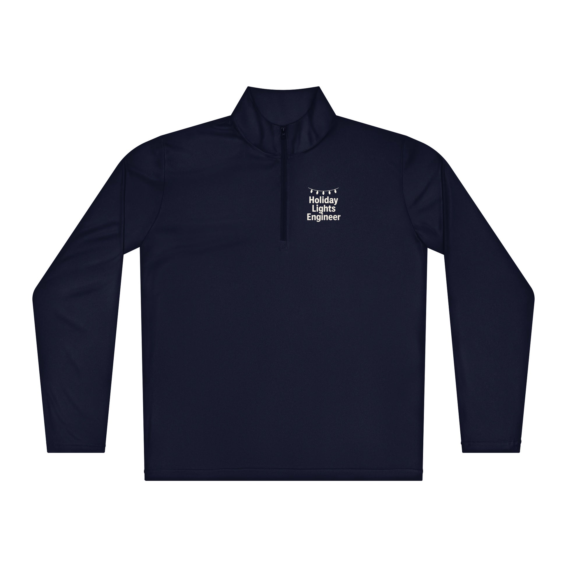 Navy long-sleeve shirt with text on a white background