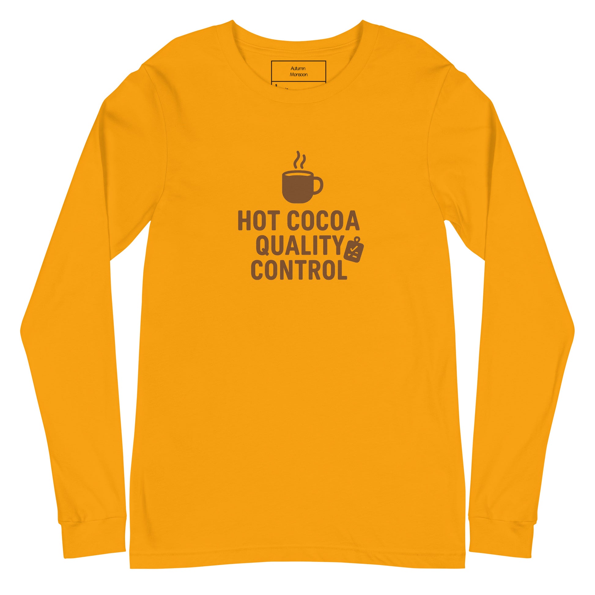 Yellow long-sleeve shirt with 'Hot Cocoa Quality Control' text and coffee cup graphic on a white background