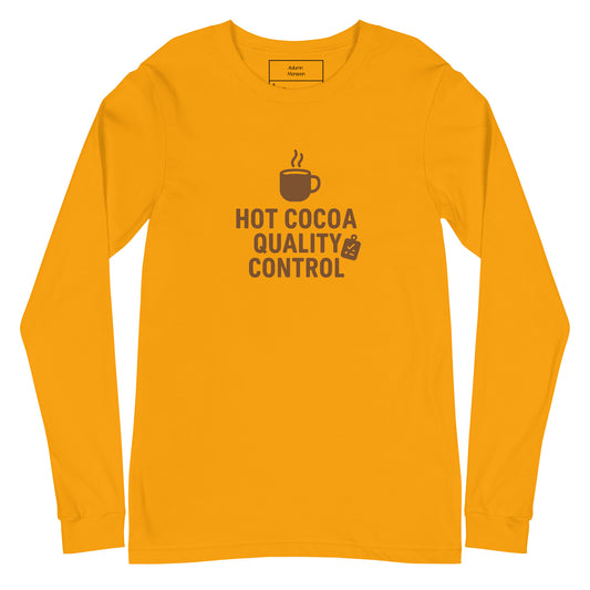 Yellow long-sleeve shirt with 'Hot Cocoa Quality Control' text and coffee cup graphic on a white background