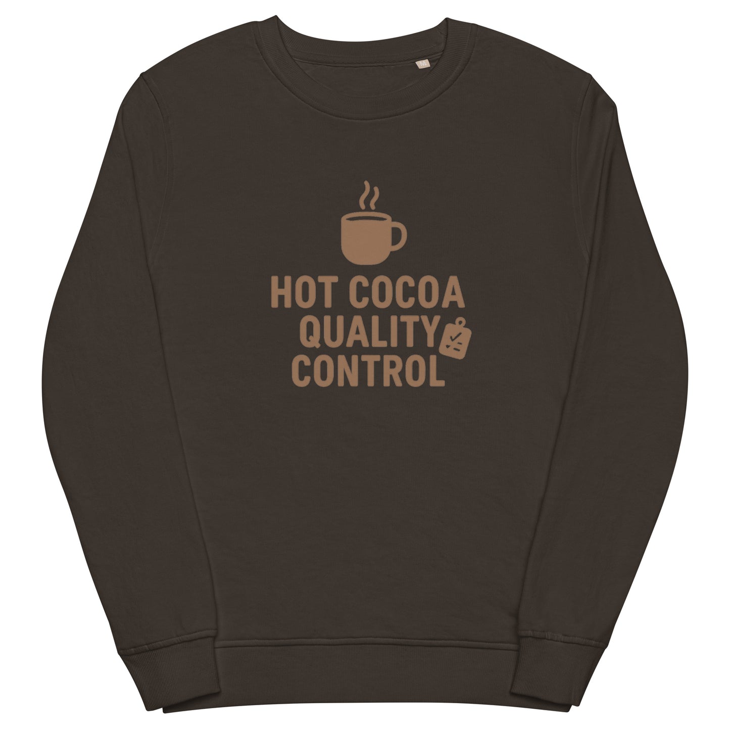 Deep grey sweatshirt with 'Hot Cocoa Quality Control' text and coffee cup graphic on a white background