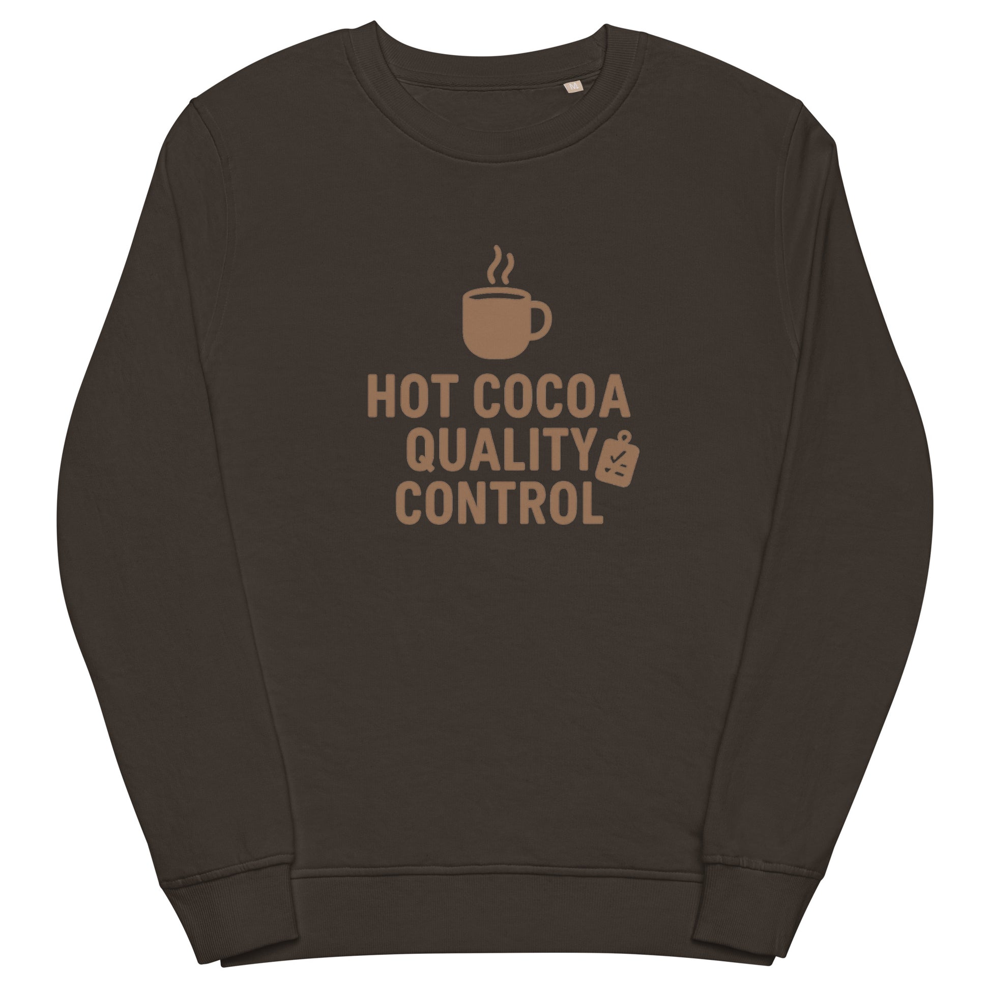 Deep grey sweatshirt with 'Hot Cocoa Quality Control' text and coffee cup graphic on a white background