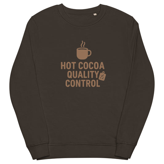 Deep grey sweatshirt with 'Hot Cocoa Quality Control' text and coffee cup graphic on a white background