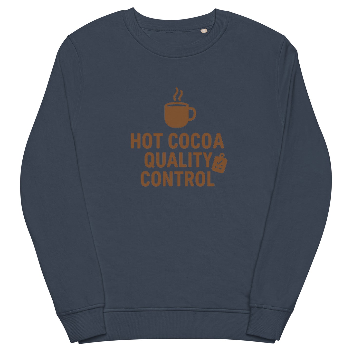 Navy blue sweatshirt with 'Hot Cocoa Quality Control' text and coffee cup graphic on a white background