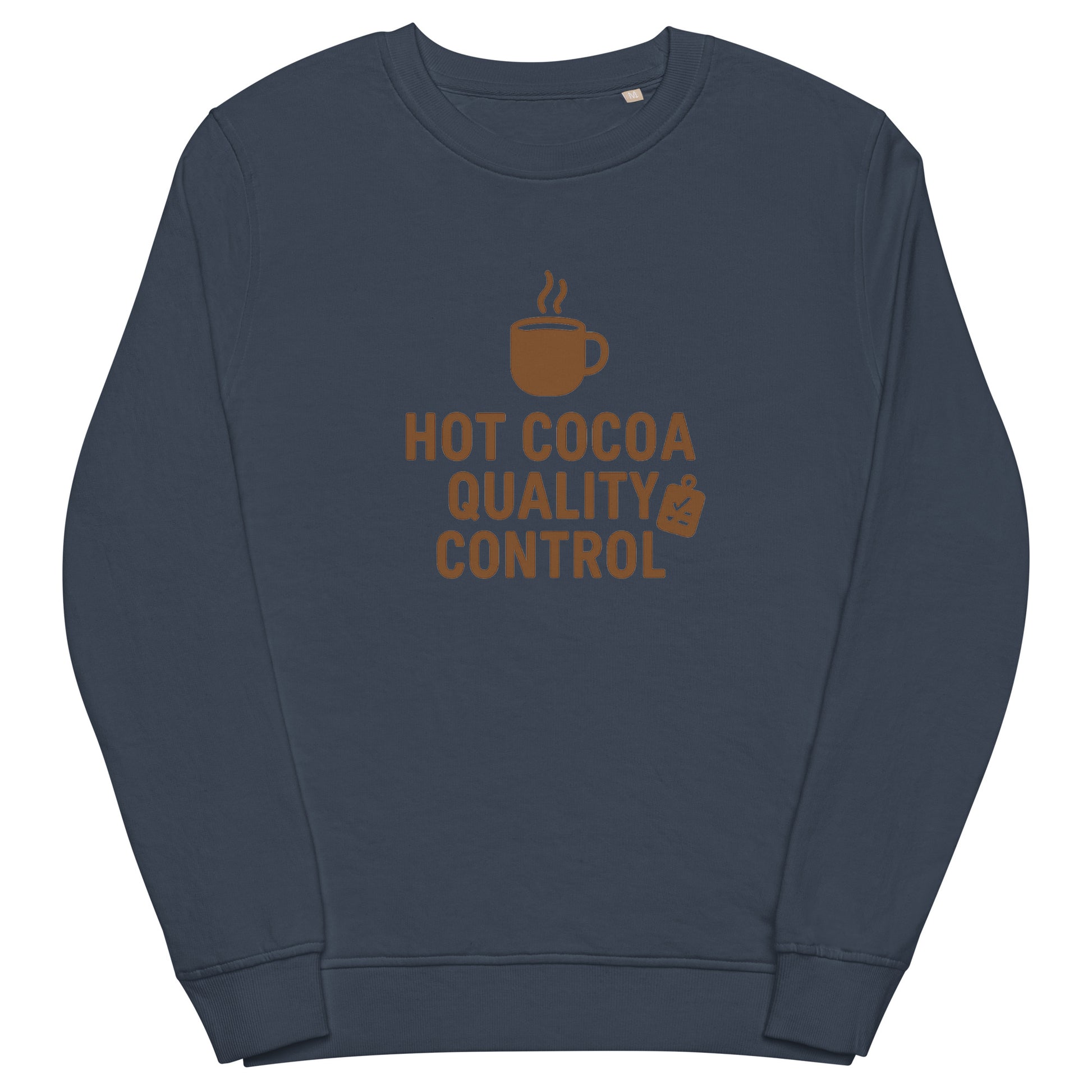 Navy blue sweatshirt with 'Hot Cocoa Quality Control' text and coffee cup graphic on a white background