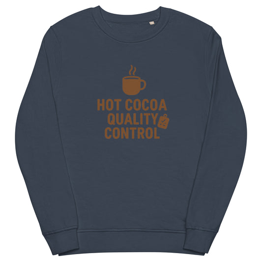 Navy blue sweatshirt with 'Hot Cocoa Quality Control' text and coffee cup graphic on a white background