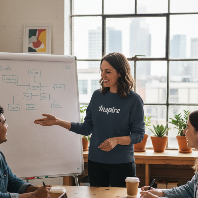 Person leading a meeting with a whiteboard and cityscape view