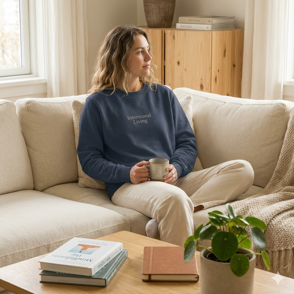 Woman sitting on a couch holding a mug, wearing a 'Intentional Living' sweatshirt, in a cozy living room.