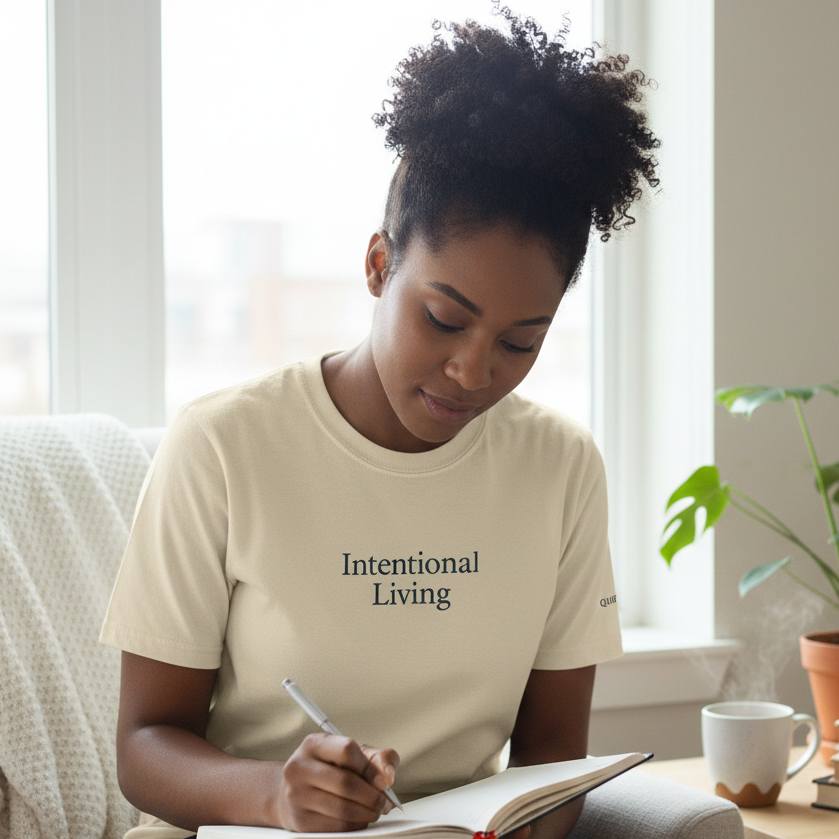 Woman wearing the light Intentional Living Tee writing in a journal while indoors.