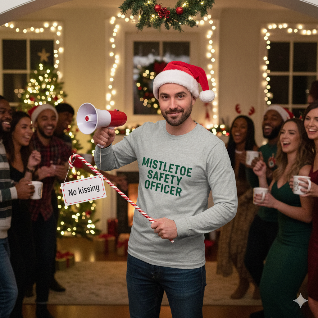 Man wearing a Santa hat and 'Mistletoe Safety Officer' shirt holding a candy cane and sign, surrounded by people in a festive indoor setting.
