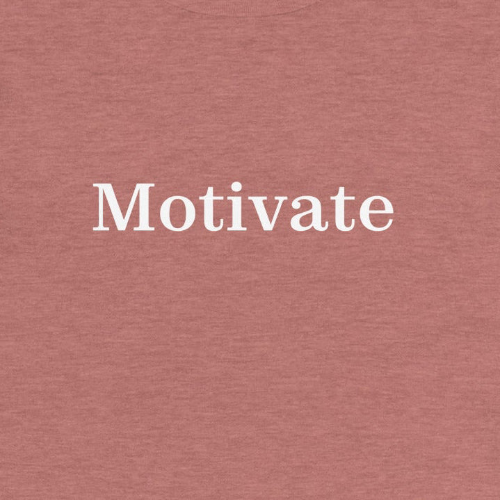 Red long-sleeve shirt with 'Motivate' text on a white background