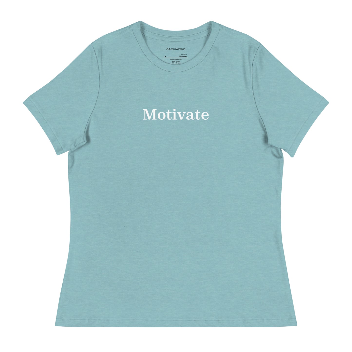 Light blue t-shirt with 'Motivate' text on a white background