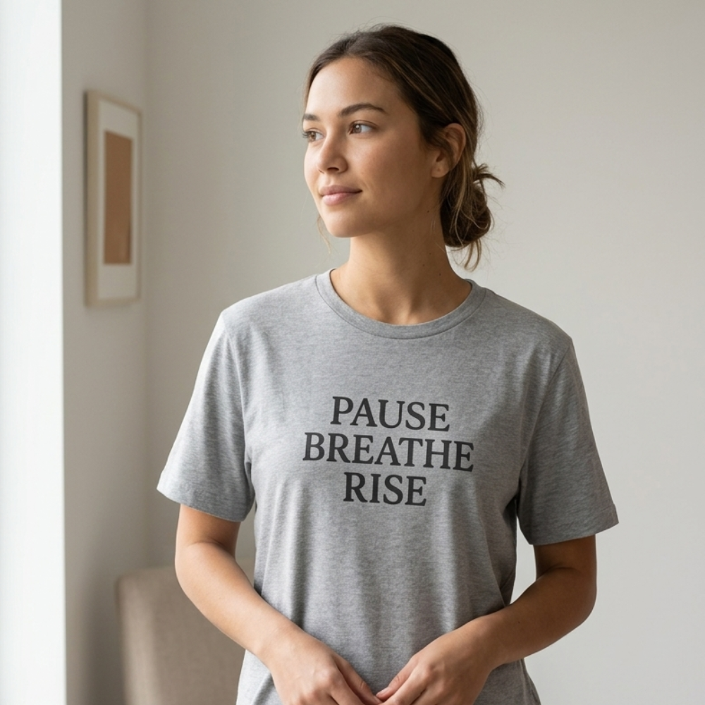 Woman wearing a gray t-shirt with 'PAUSE BREATHE RISE' text, standing in a room.