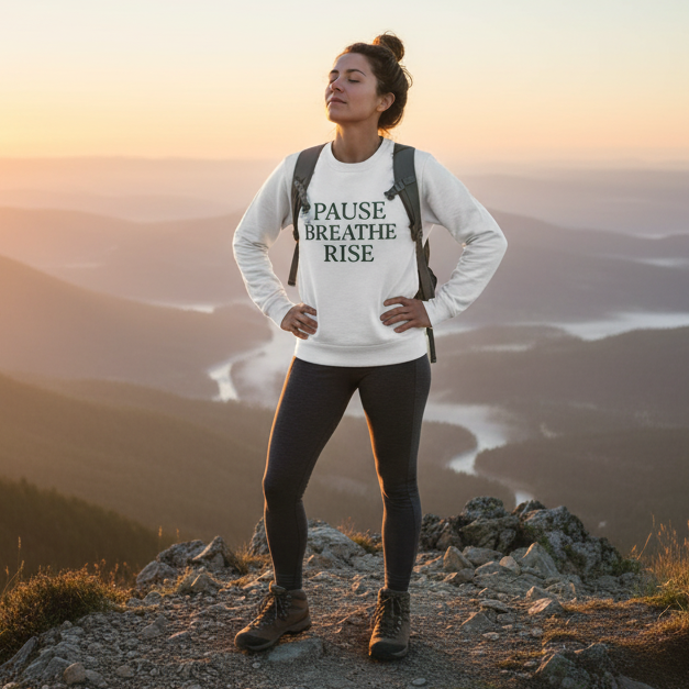 Person standing on a mountain with a scenic view during sunset, wearing a white sweatshirt with text.