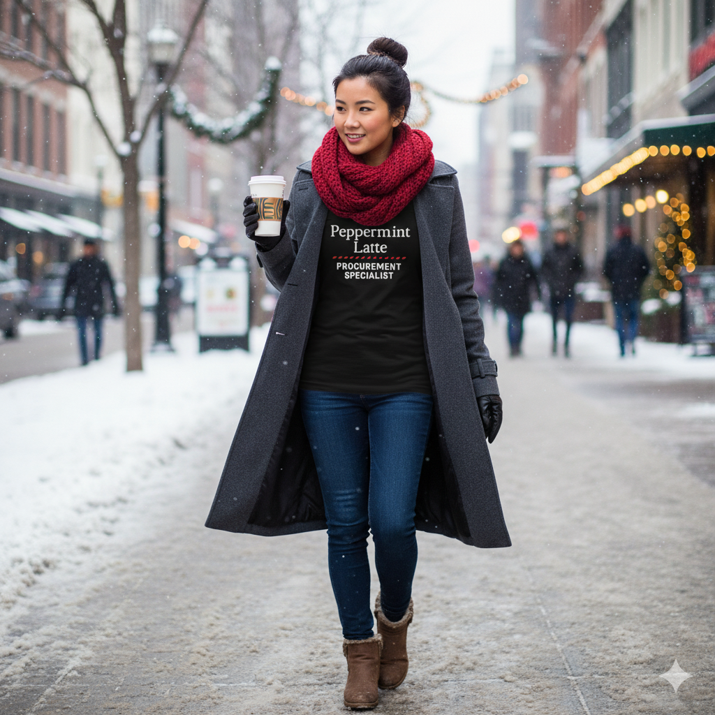 Woman walking on a snowy street holding a coffee cup, wearing a long coat and scarf.