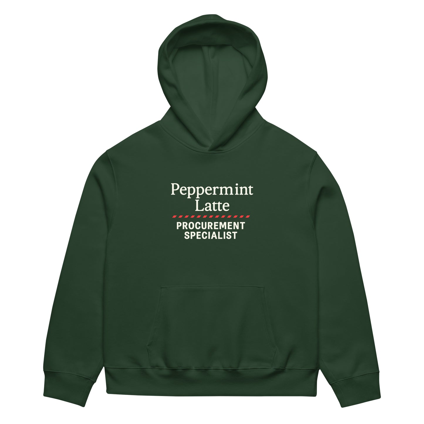 Green hoodie with 'Peppermint Latte Procurement Specialist' text on a white background