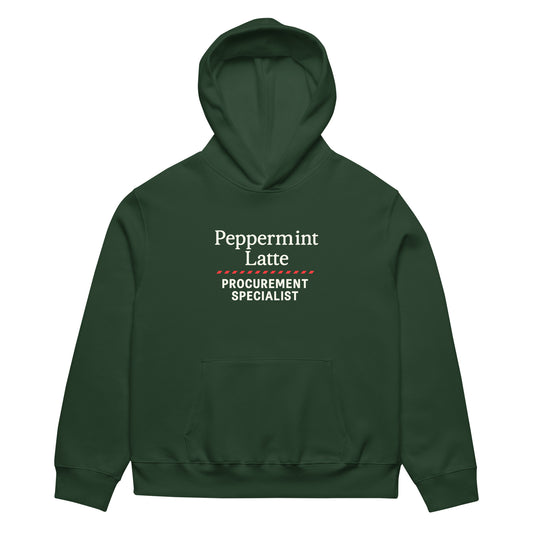 Green hoodie with 'Peppermint Latte Procurement Specialist' text on a white background