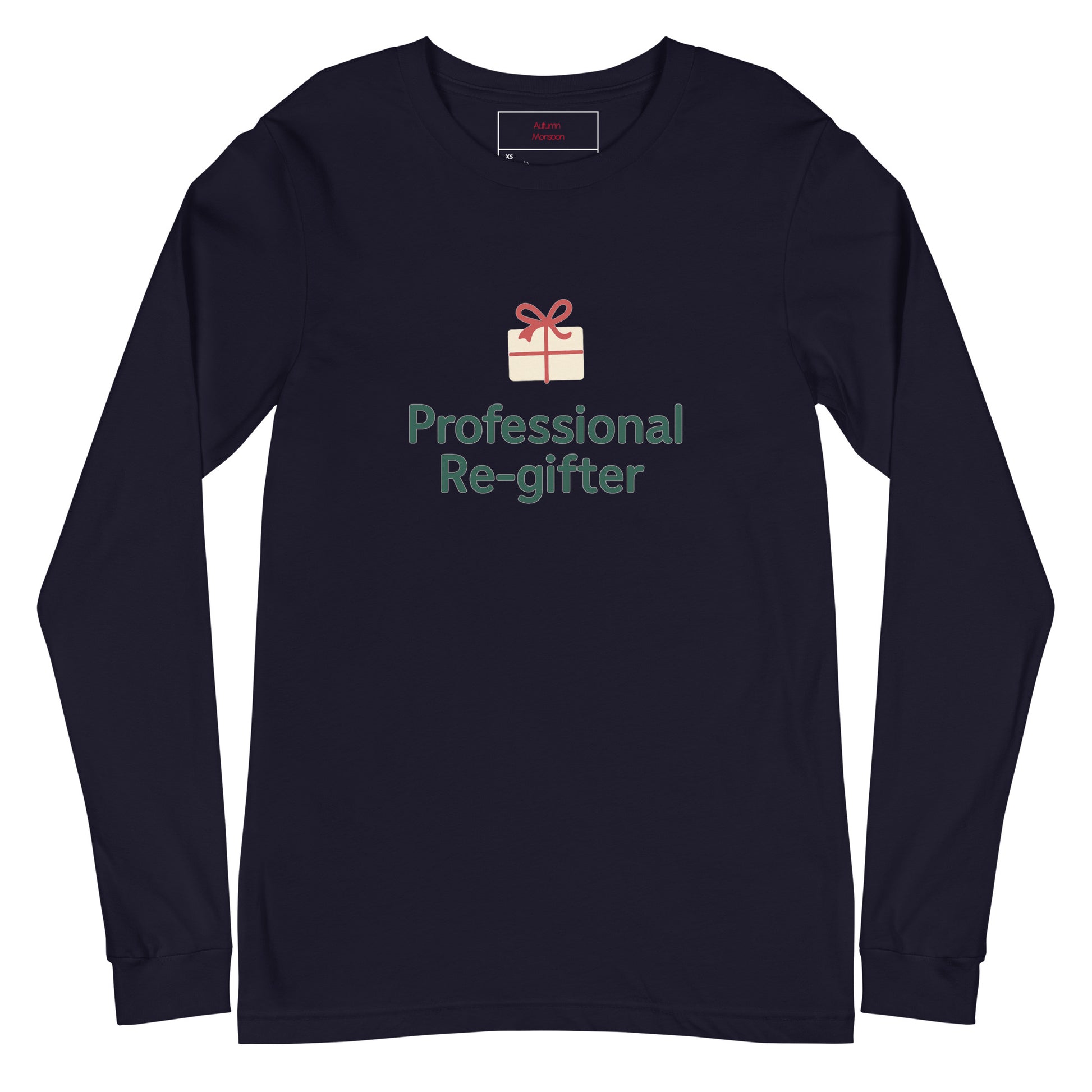 Navy long-sleeve shirt with 'Professional Re-gifter' text and gift icon on a white background