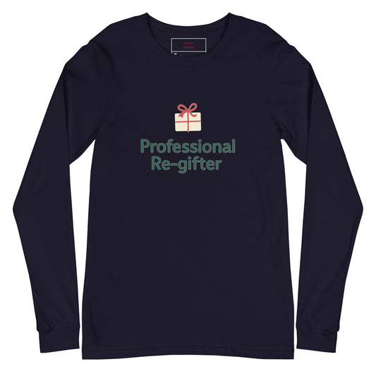 Navy long-sleeve shirt with 'Professional Re-gifter' text and gift icon on a white background