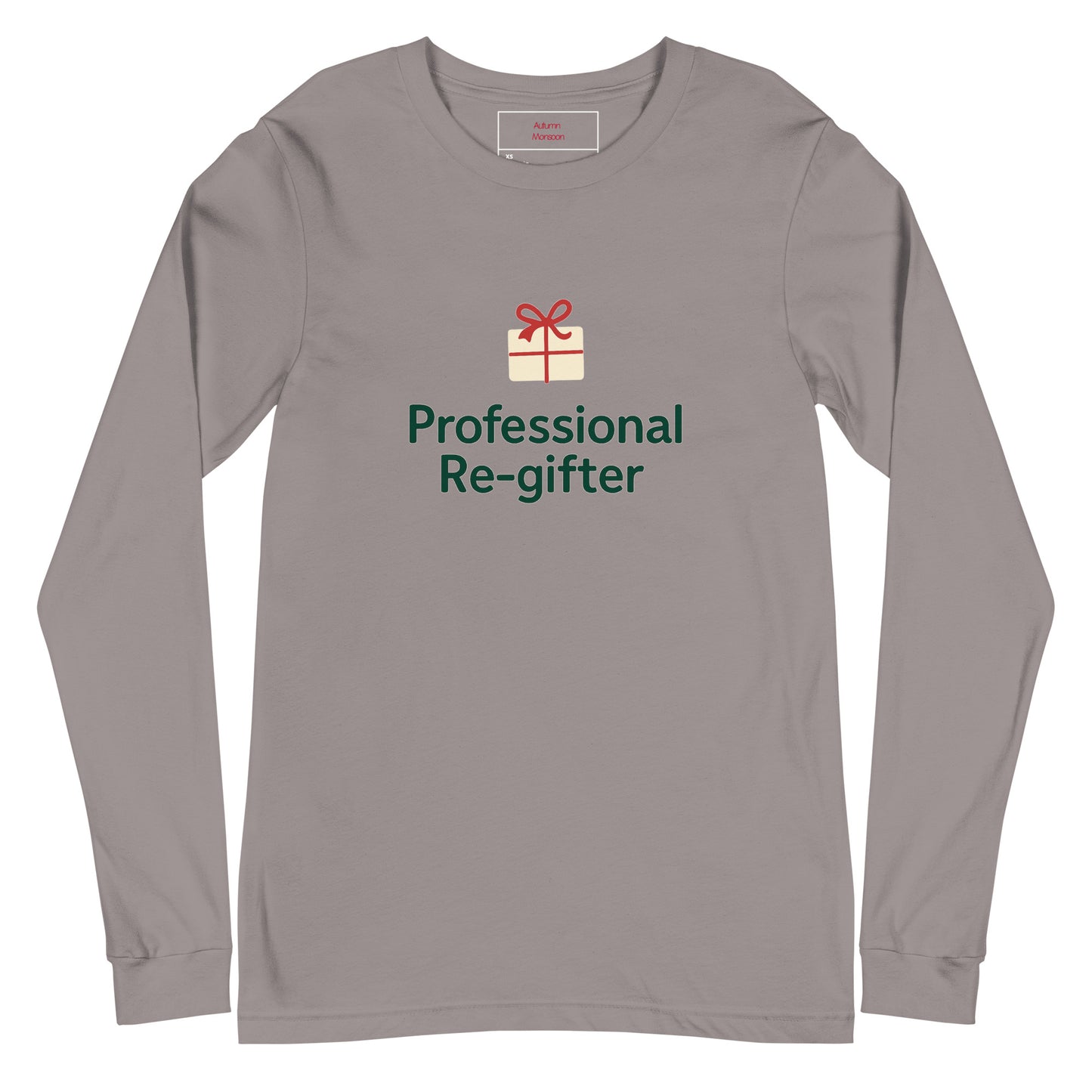Gray long-sleeve shirt with 'Professional Re-gifter' text and gift icon on a white background