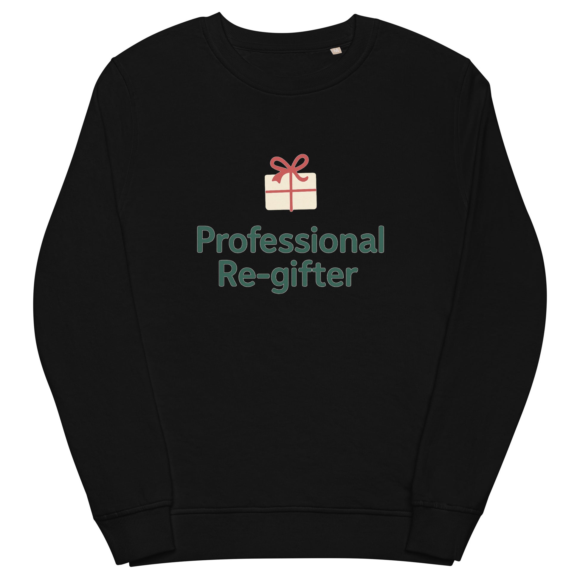 Black sweatshirt with text 'Professional Re-gifter' and a gift box graphic on a white background
