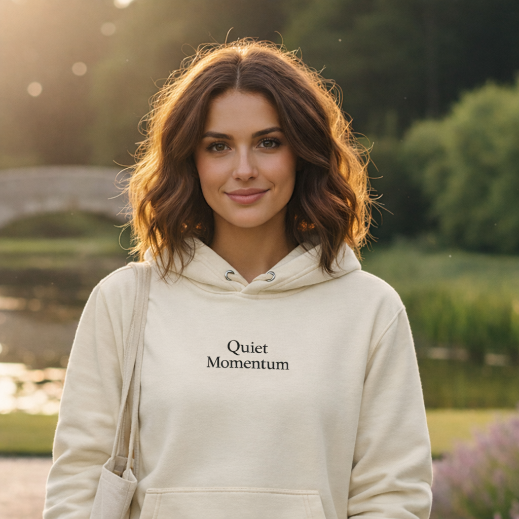Woman wearing a beige hoodie with 'Quiet Momentum' text in an outdoor setting