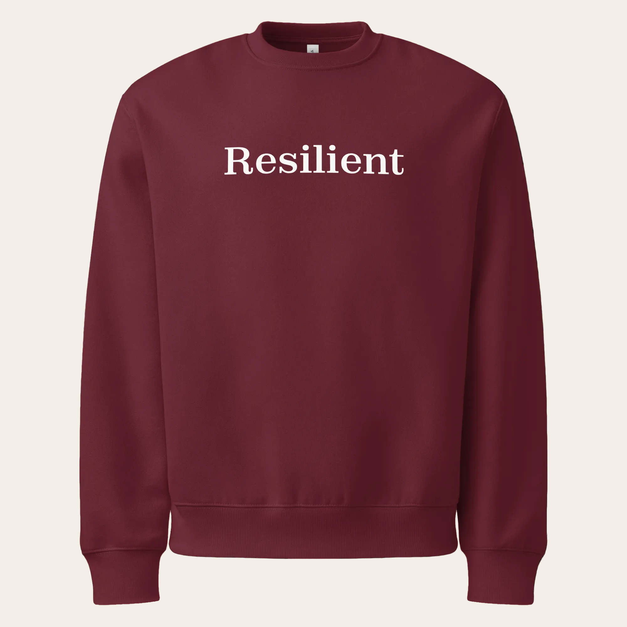 Maroon sweatshirt with 'Resilient' text on a white background