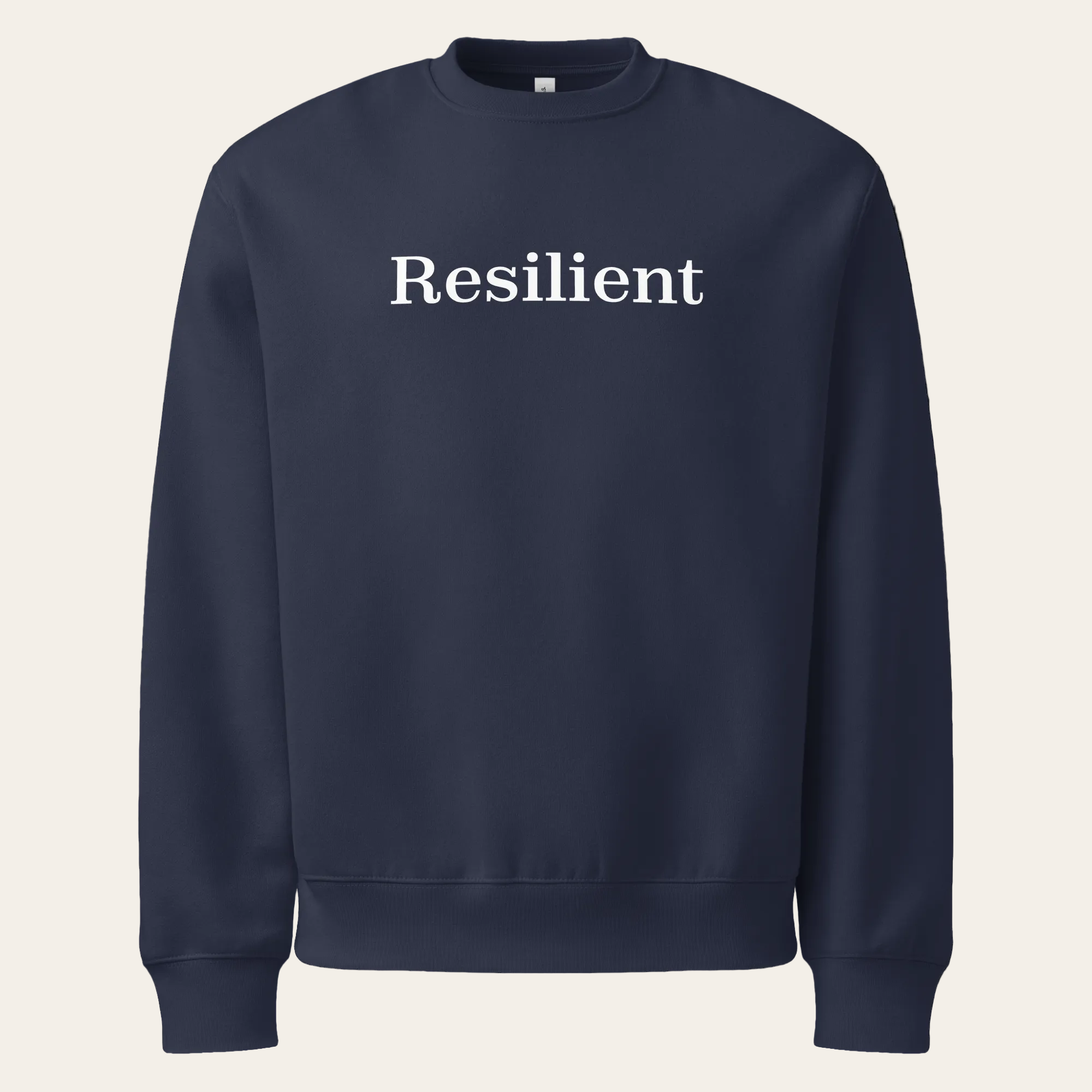 Navy blue sweatshirt with 'Resilient' text on a white background